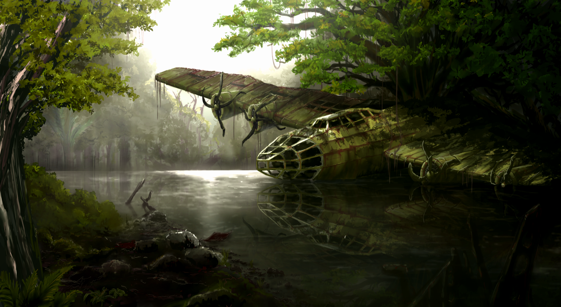A 4K Ultra HD artistic wallpaper depicting a crashed bomber aircraft in a dense Vietnam jungle, half-submerged in a serene forest river.