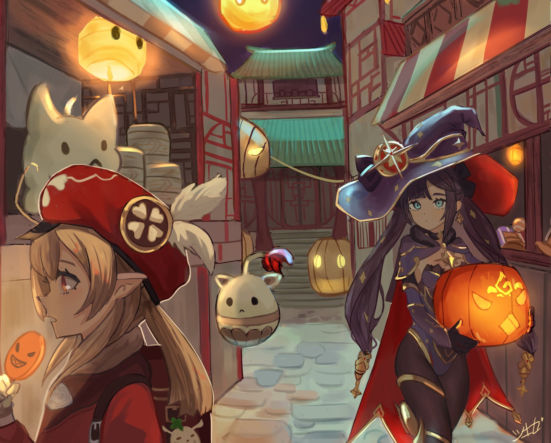 4K Ultra HD PC wallpaper featuring Klee and Mona from Genshin Impact in a festive, lantern-lit village setting.