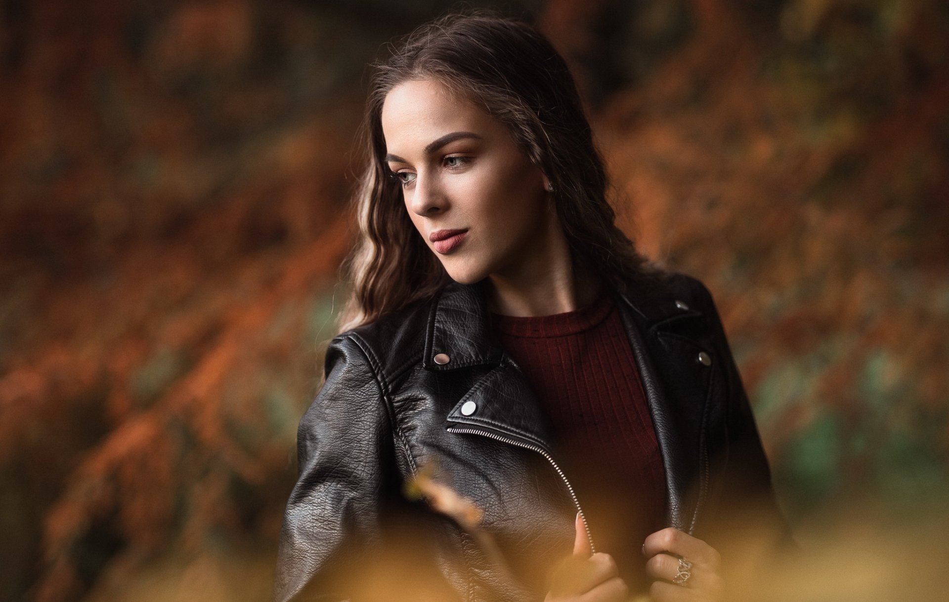 Download Leather Jacket Brunette Woman Model HD Wallpaper