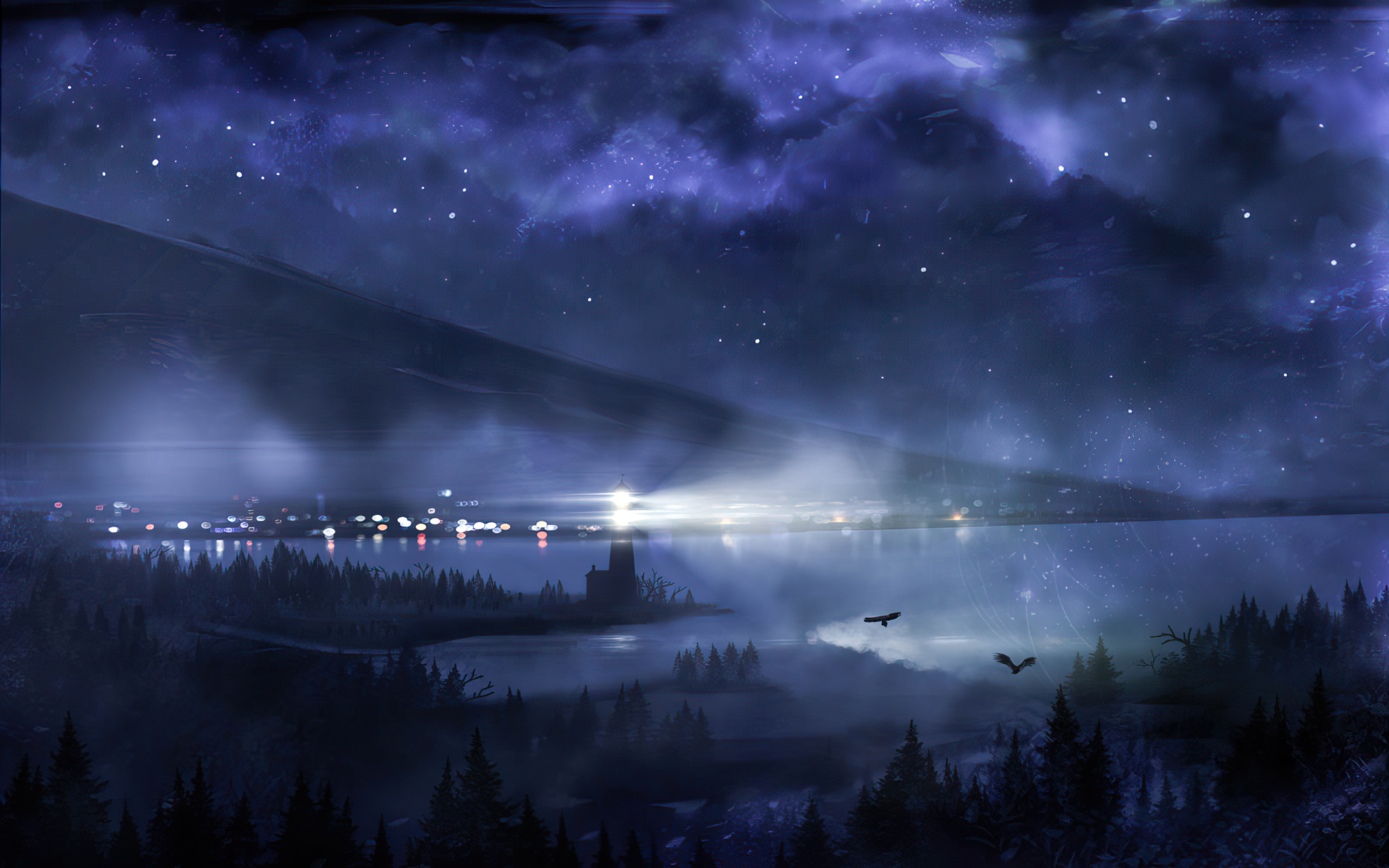 Anime-style night landscape featuring a misty forest and distant mountains under a starry sky, rendered as a high-definition PC desktop wallpaper.