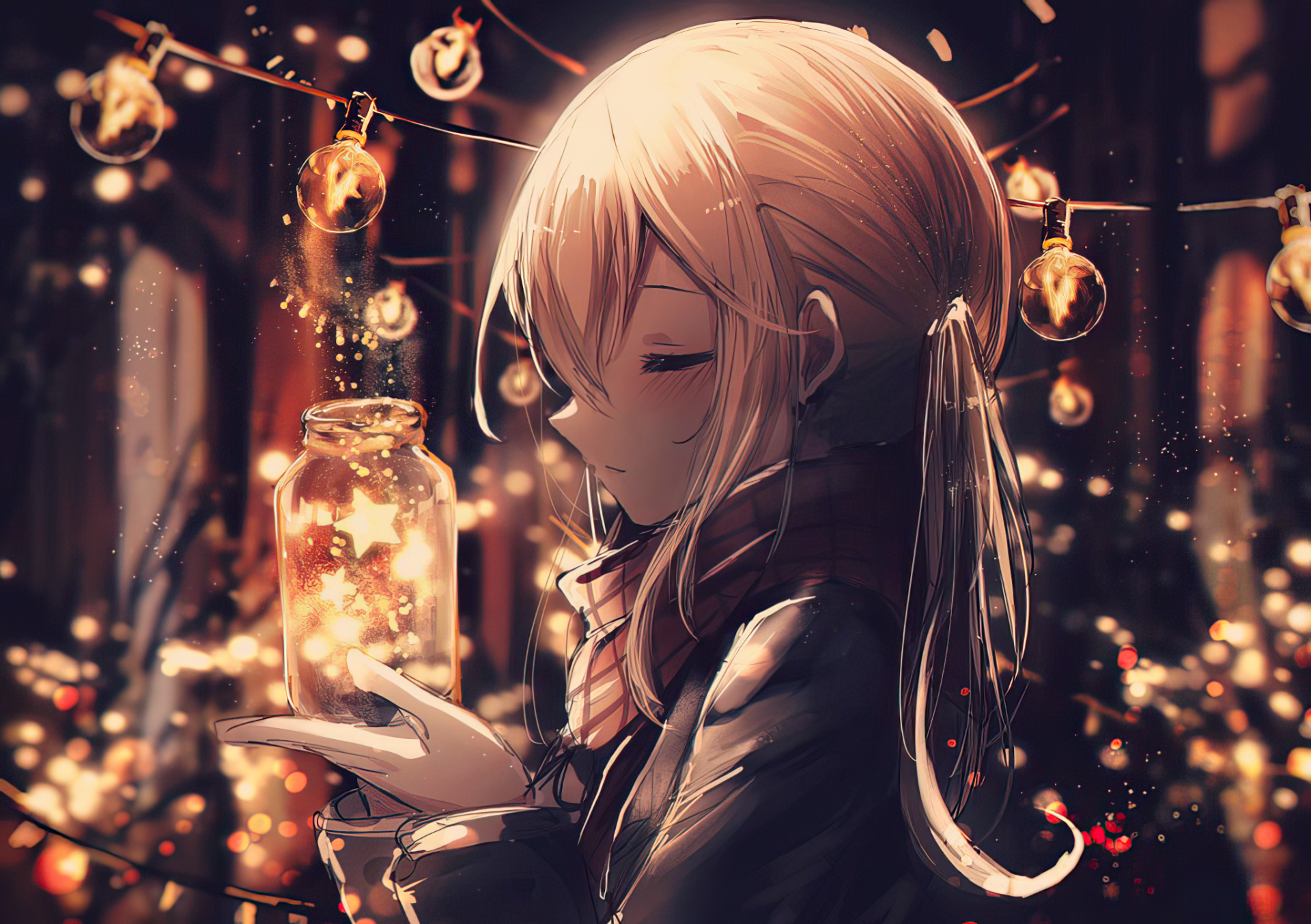 HD anime desktop wallpaper featuring a serene anime girl holding a glowing jar, surrounded by warm, sparkling lights in a cozy, atmospheric setting.