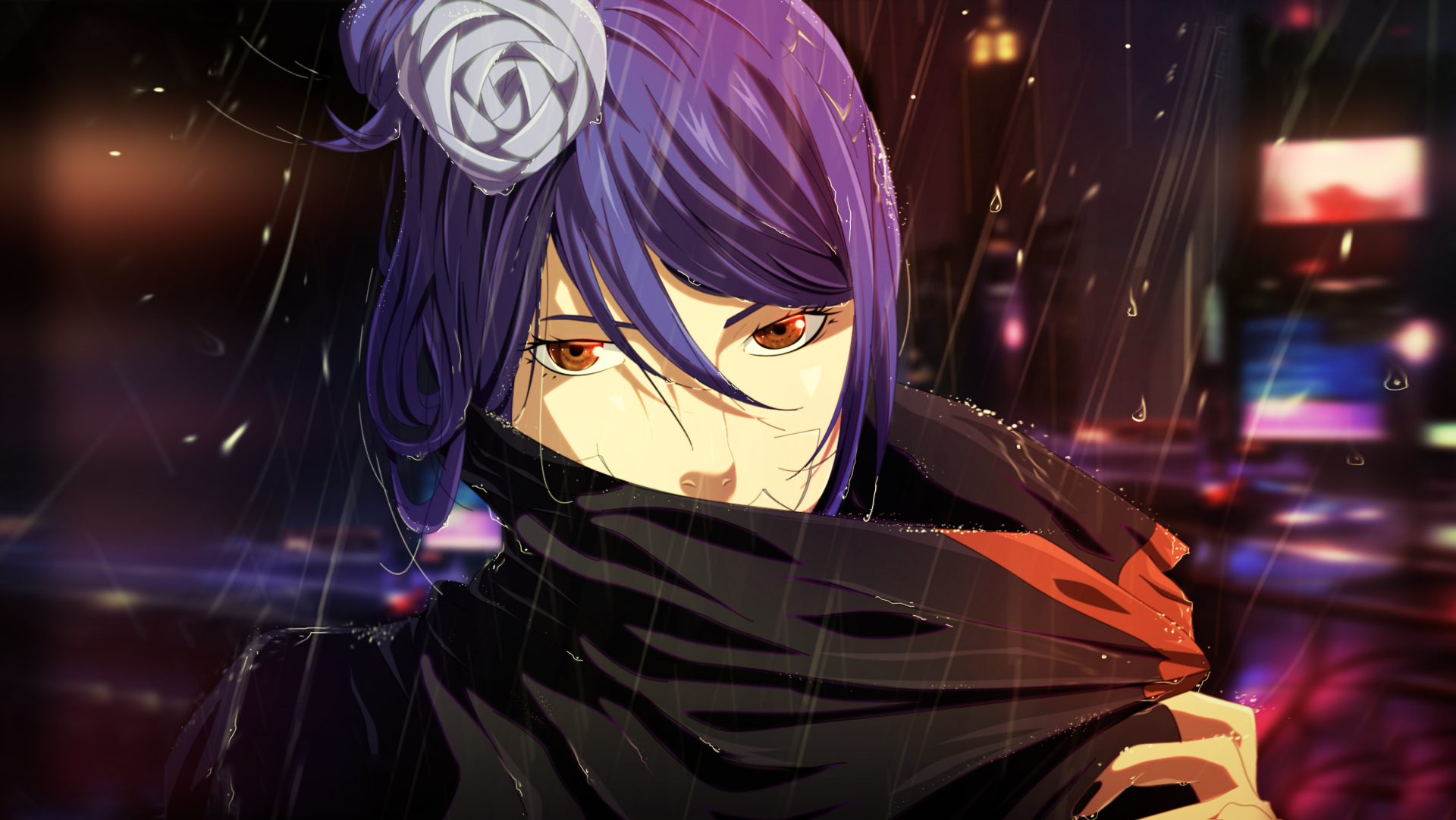HD PC desktop wallpaper featuring Konan from Naruto, showcasing her with purple hair and a white paper flower accessory in a dark, rainy anime-style setting.