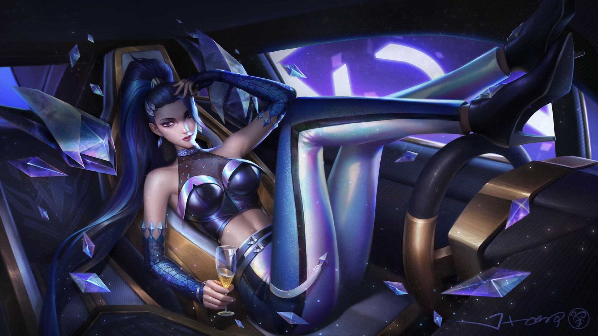 HD PC desktop wallpaper featuring Kai'Sa from League of Legends in her K/DA outfit, showcasing a sleek, futuristic aesthetic from the popular video game.
