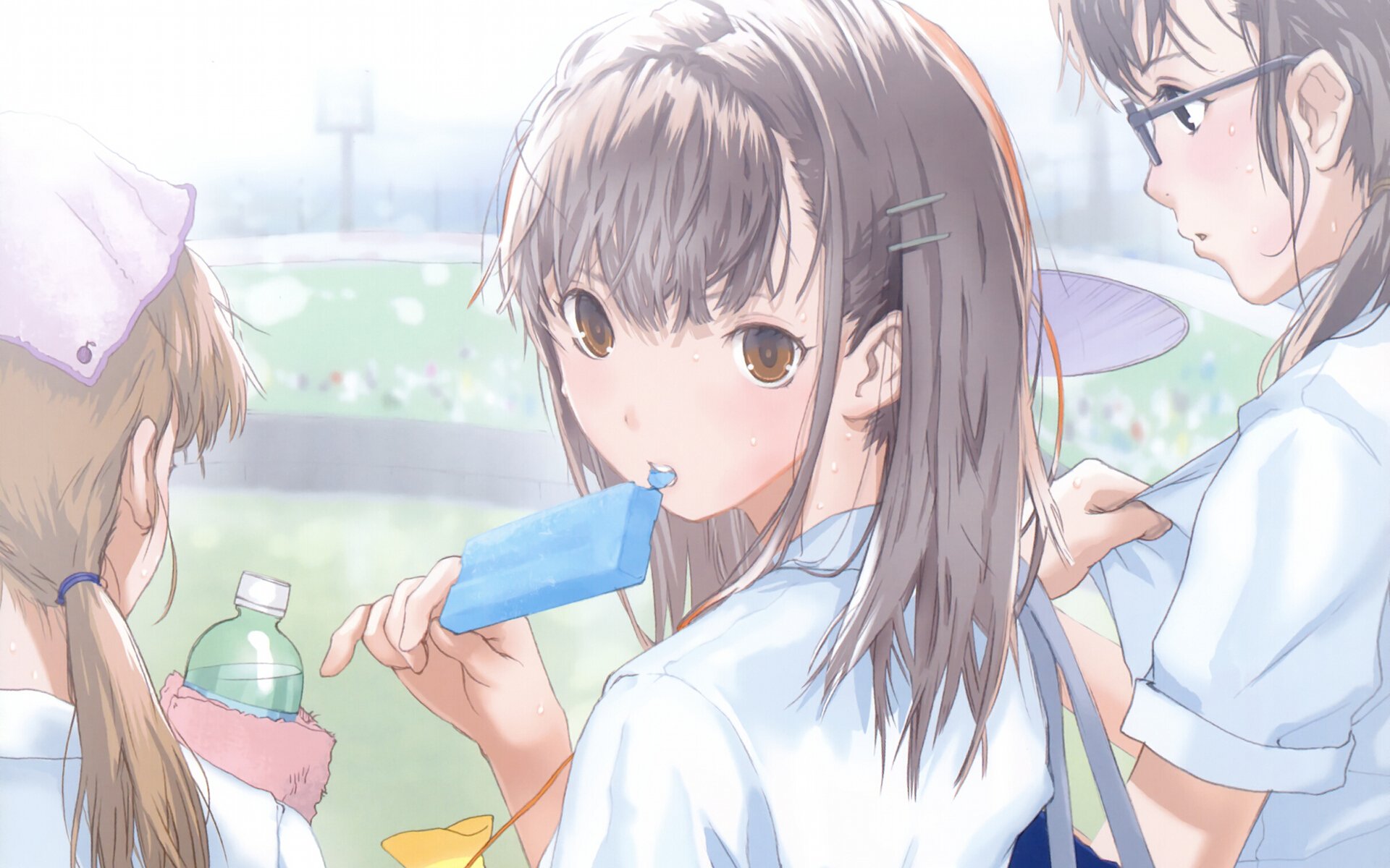 Anime original HD PC desktop wallpaper background: soft watercolor scene of three schoolgirls in light-blue uniforms outdoors, center girl eating a blue popsicle.