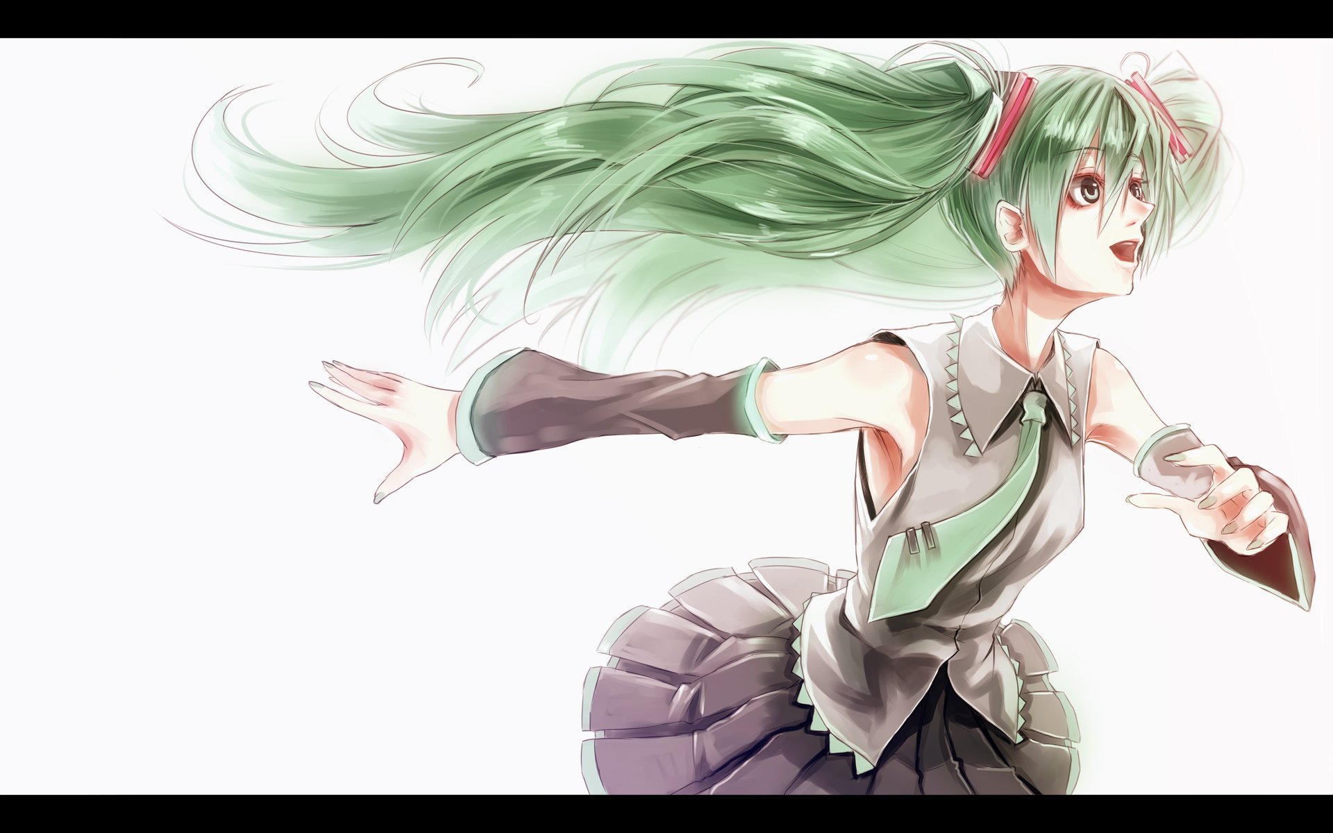 HD anime desktop wallpaper featuring Hatsune Miku, the iconic Vocaloid character, with flowing green twin-tails and dynamic pose against a light background.