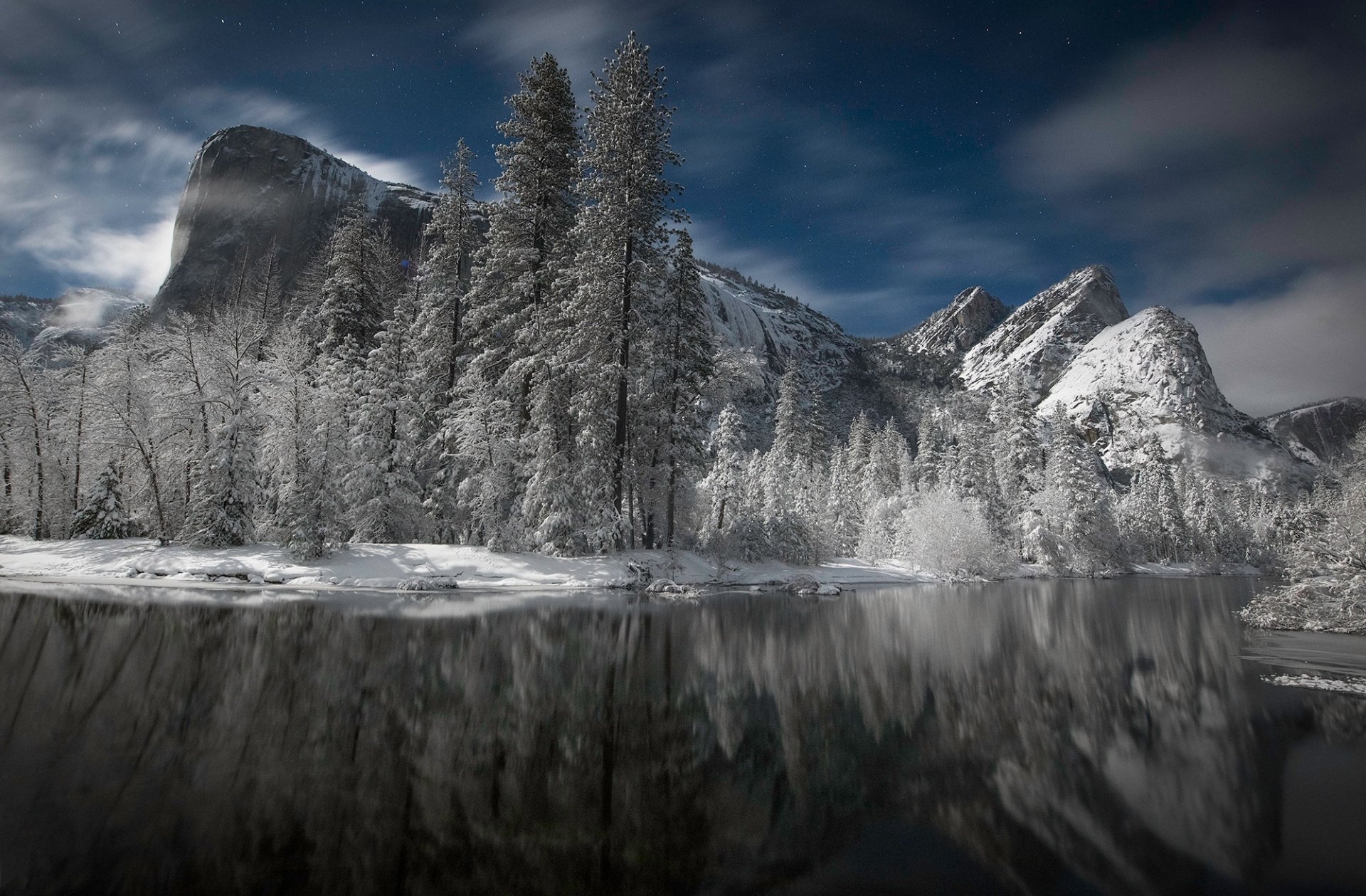 Download Sierra Nevada Merced River California River Reflection Mountain Snow Forest Winter Nature Yosemite National Park Snowy Mountain HD Wallpaper