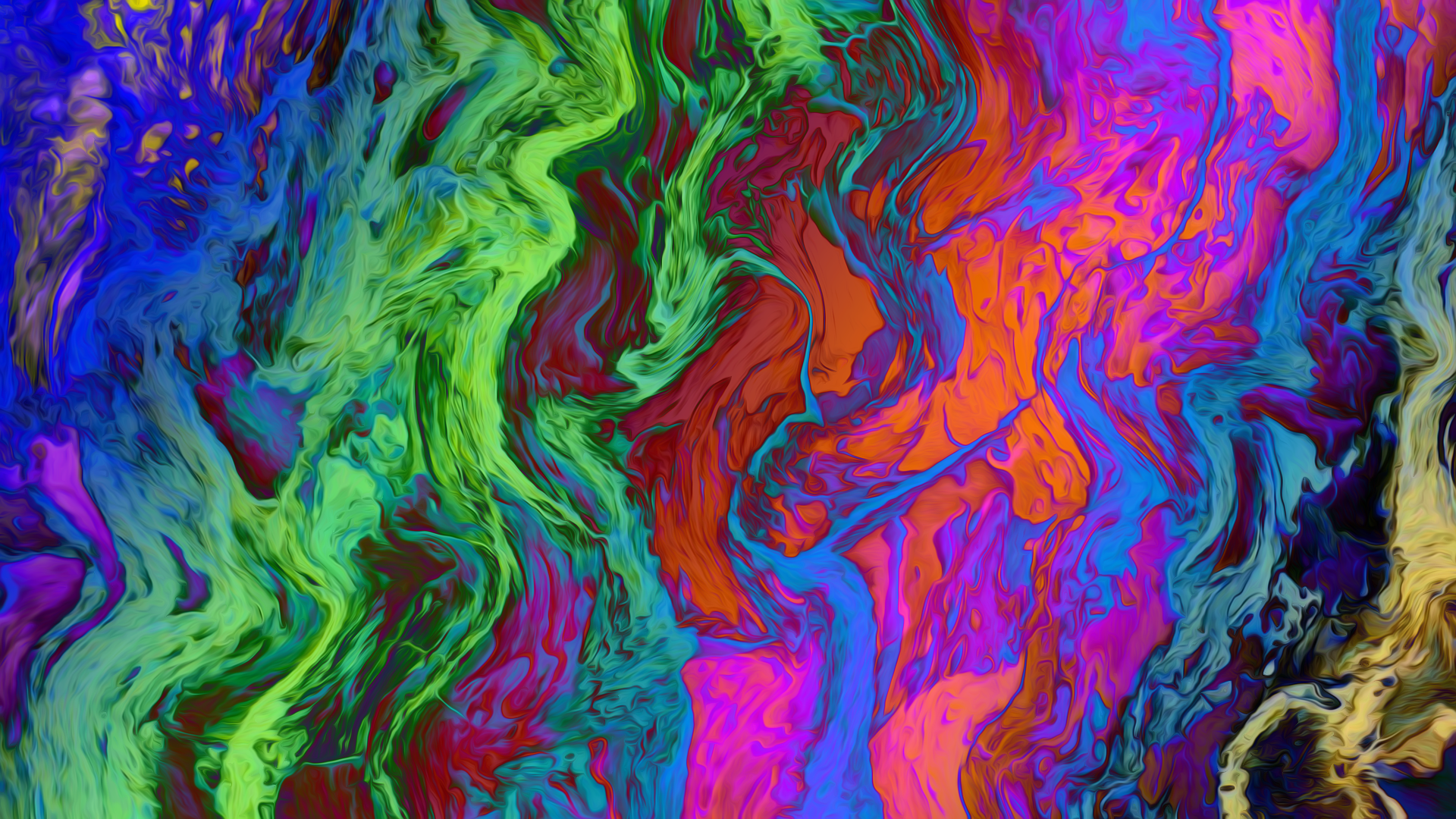 Vibrant abstract HD desktop wallpaper featuring swirling rainbow colors in a dynamic, colorful pattern blending green, blue, pink, orange, and purple hues.