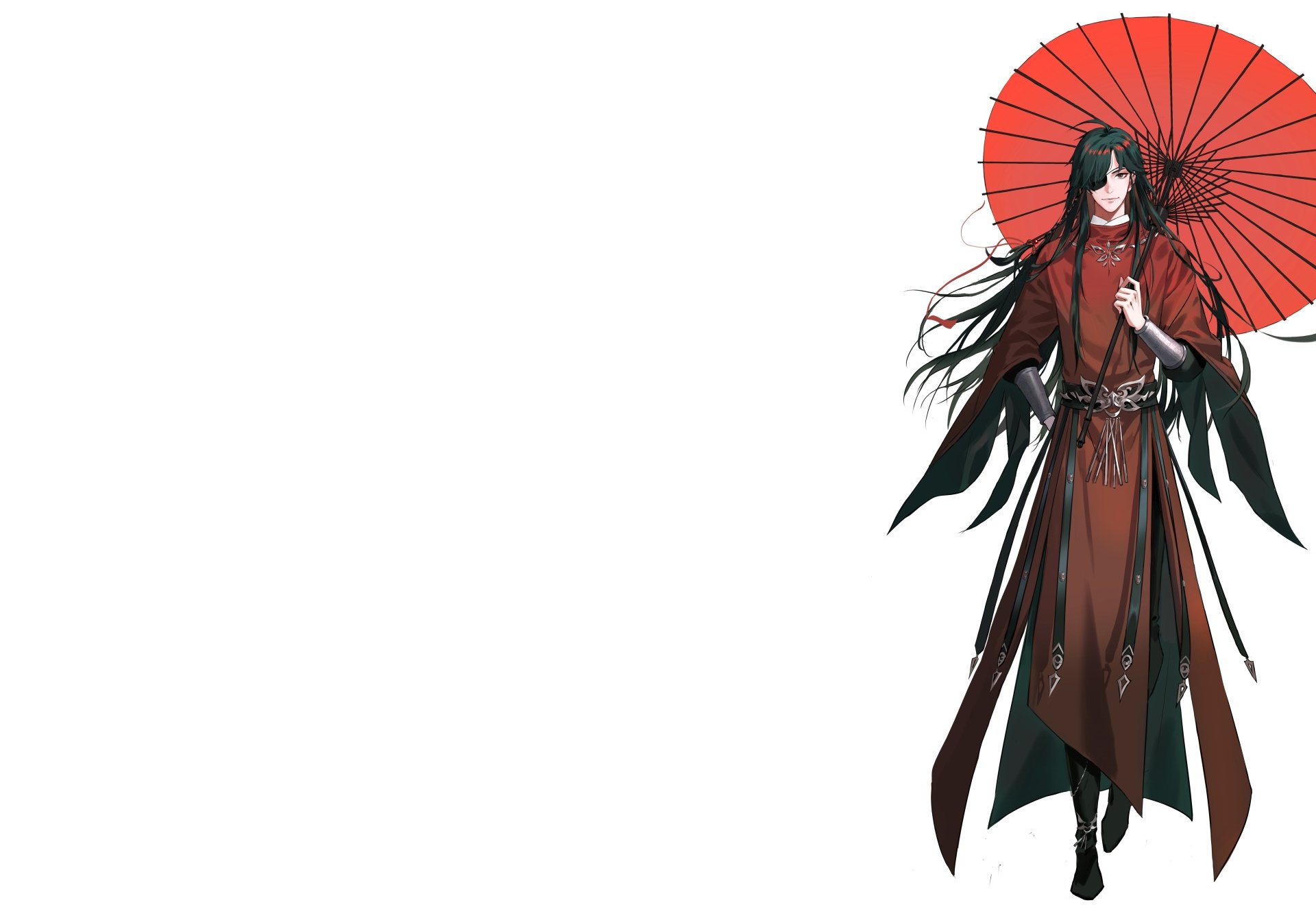 Anime-style character from Tian Guan Ci Fu holding a red umbrella, set against a clean white background in 8K Ultra HD, designed as a PC desktop wallpaper.