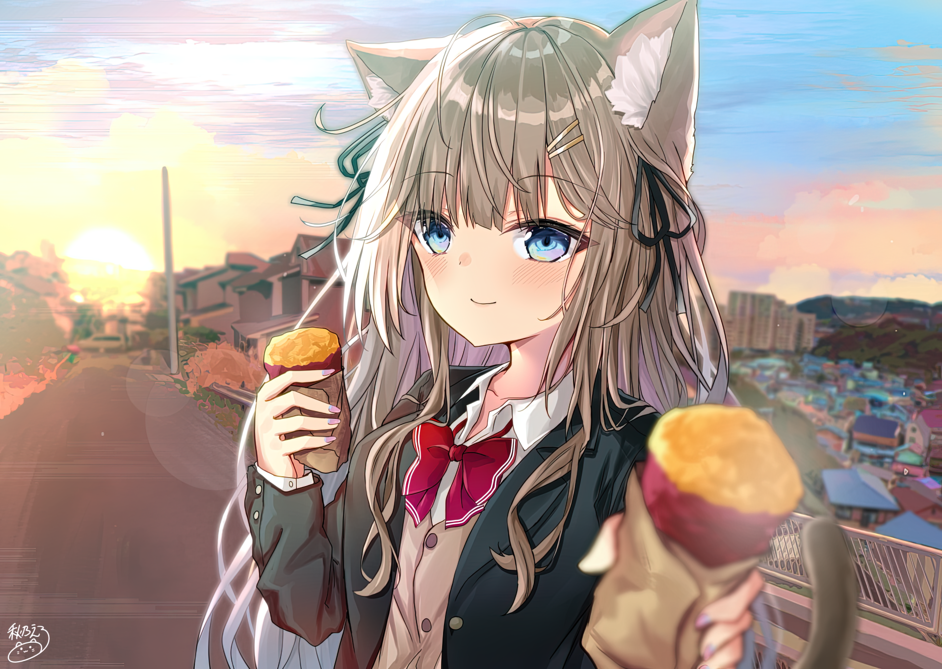 HD anime desktop wallpaper featuring a girl with cat ears and blue eyes holding snacks against a sunset cityscape background.