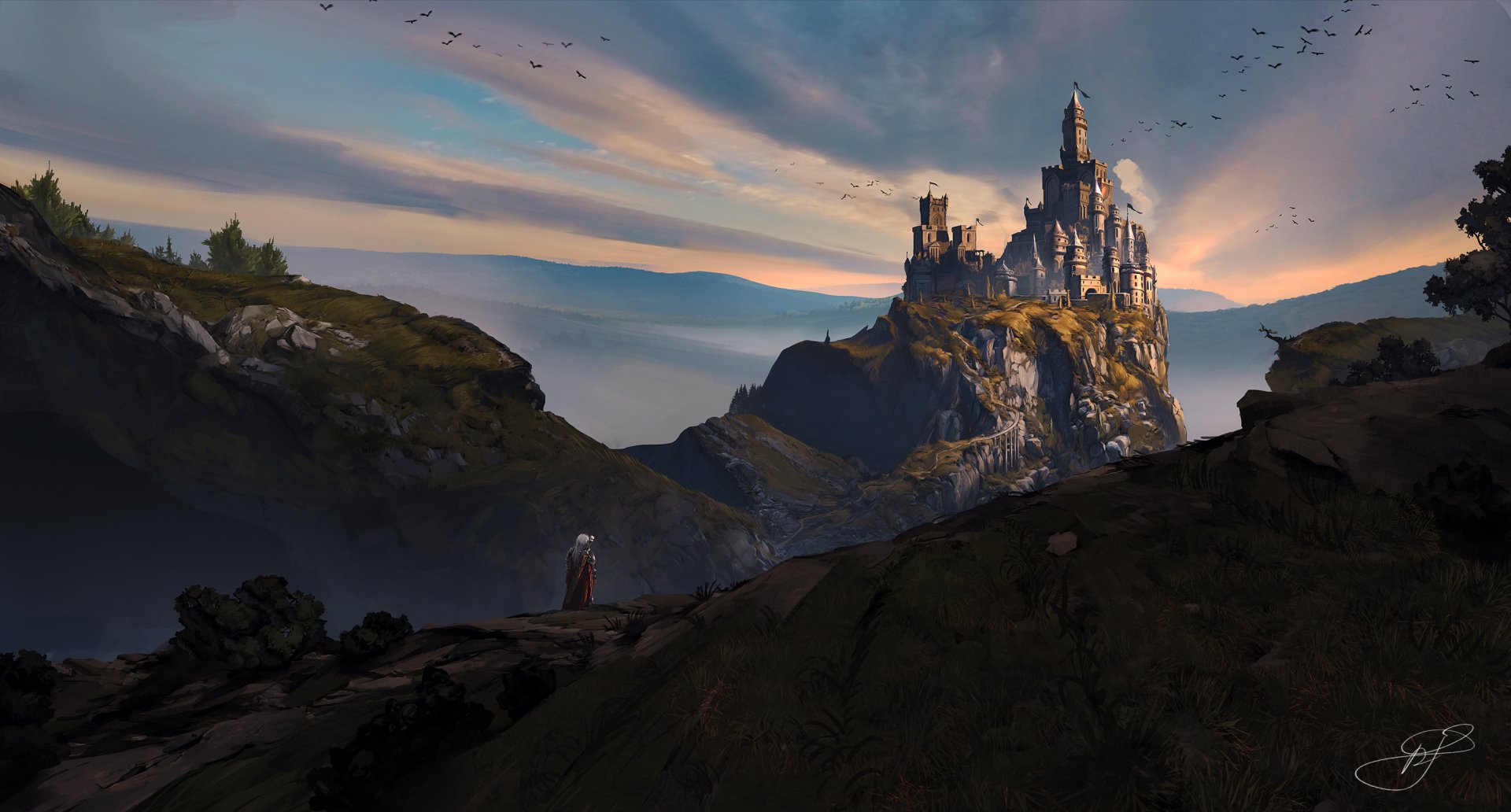Majestic Fantasy Castle at Sunset with Birds over Mountain Landscape ...