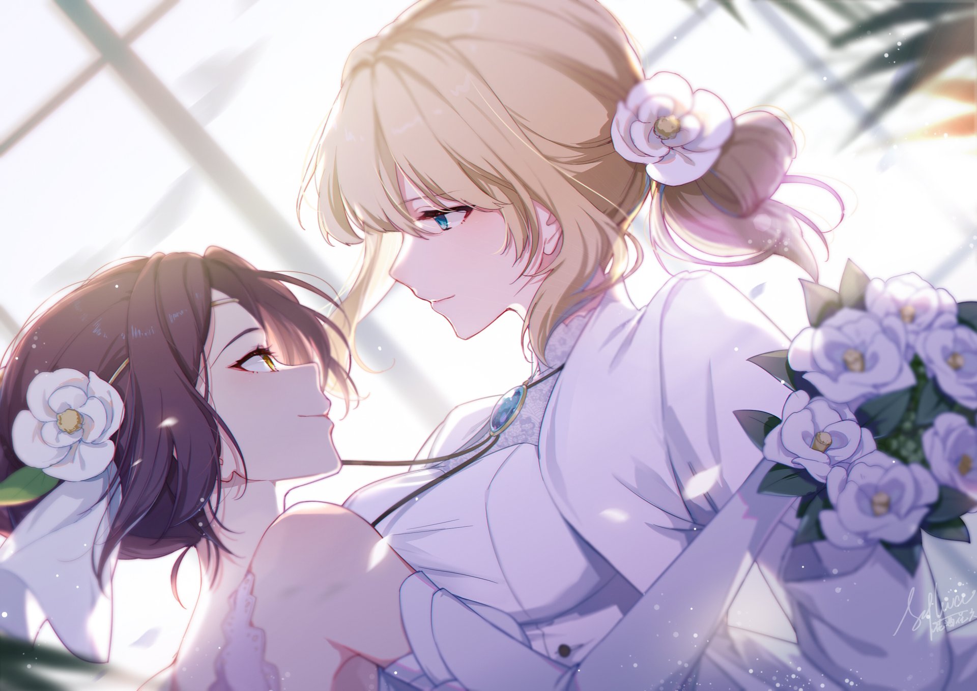 Anime HD wallpaper featuring Violet Evergarden with blonde hair and blue eyes, alongside a brown-haired character with brown eyes, sharing a tender moment surrounded by white flowers.