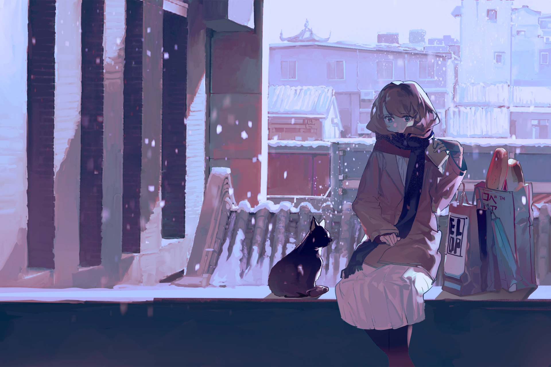 Anime girl with a scarf sits in the snow with a black cat beside her. HD desktop wallpaper background featuring snowfall in an urban setting.