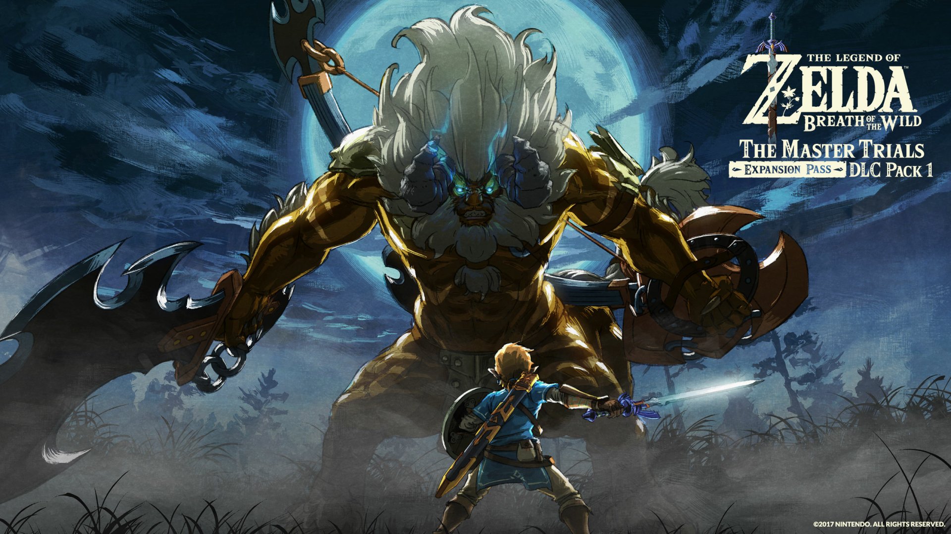 HD PC wallpaper featuring a dramatic scene from The Legend of Zelda: Breath of the Wild, showing Link facing a towering, armored enemy under a moonlit sky.