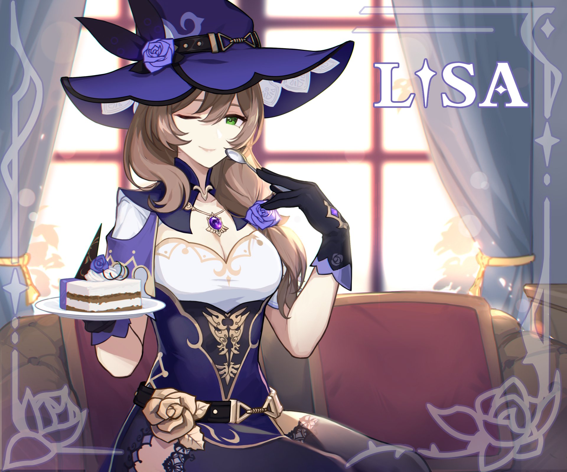HD PC desktop wallpaper featuring Lisa from the video game Genshin Impact, showcasing her in a detailed outfit with a cake in hand against a cozy window backdrop.