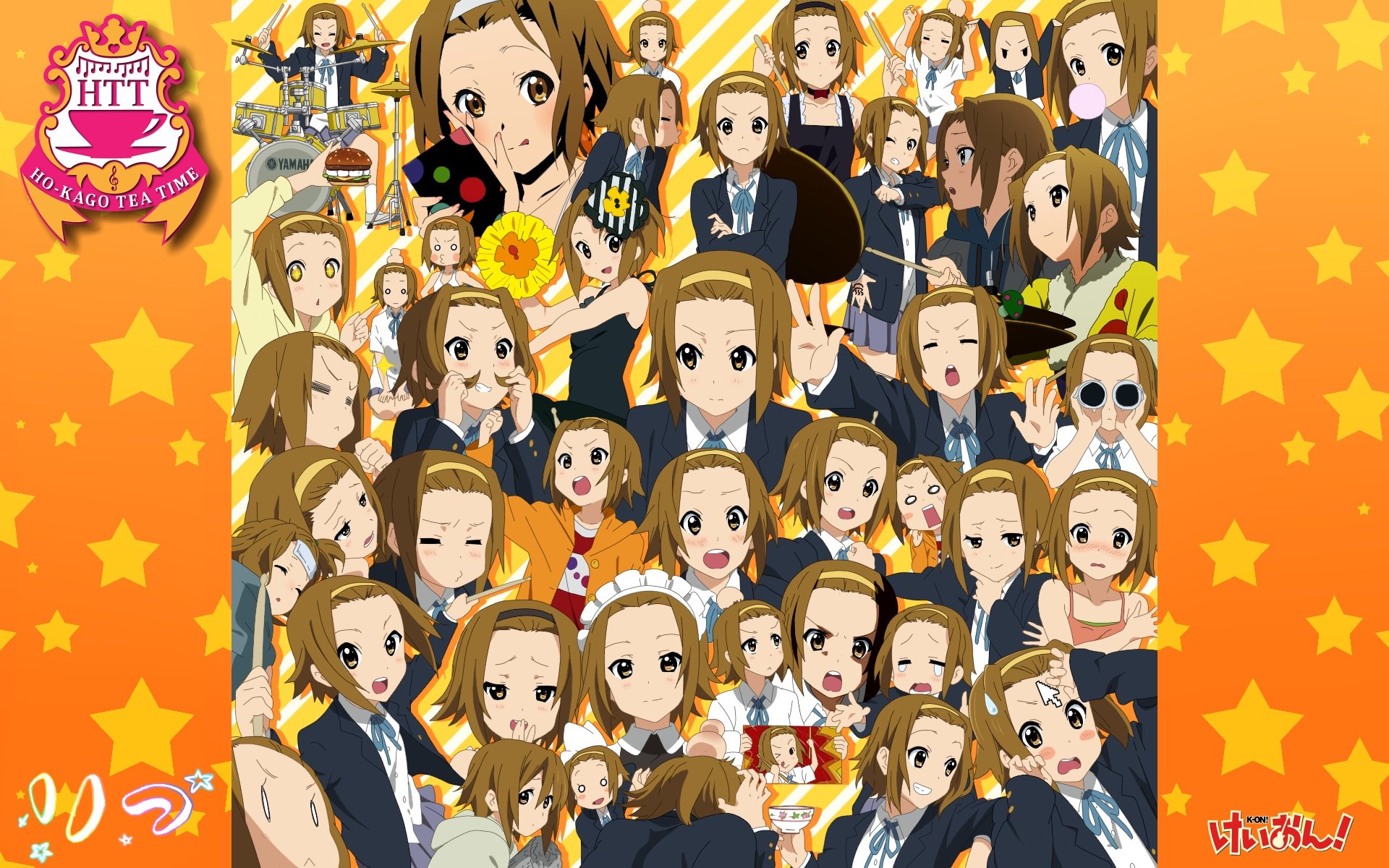 HD PC desktop wallpaper featuring multiple vibrant anime-style images of Ritsu Tainaka from K-ON! against an orange star-patterned background.