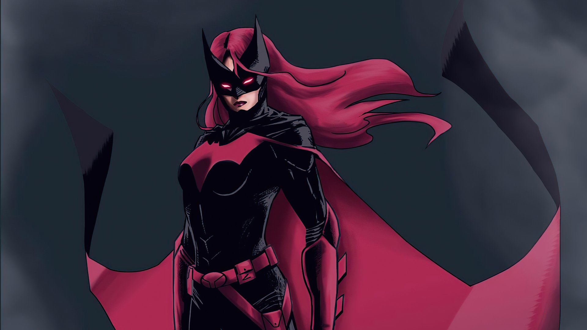 Kate Kane as DC Comics' Batwoman: comic-style portrait with flowing red hair, black-and-red suit and cape — 4K Ultra HD PC desktop wallpaper/background.