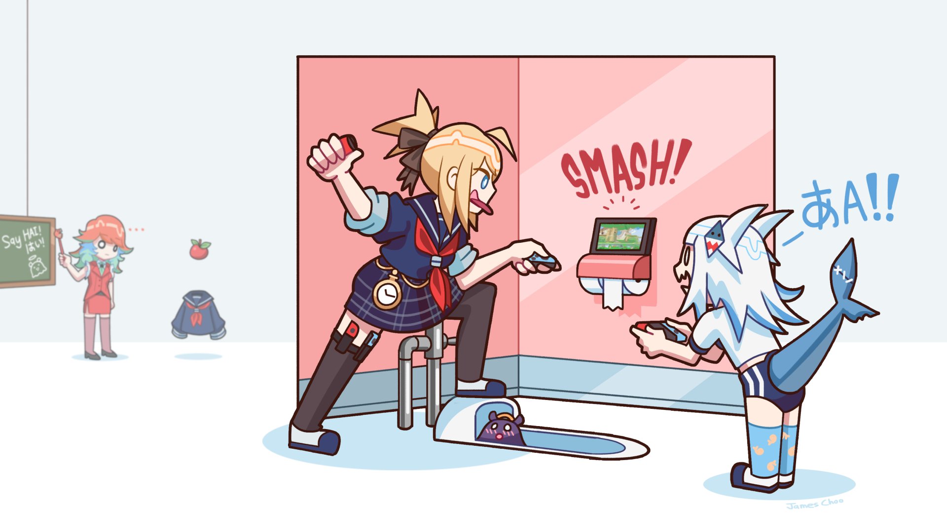 Chibi-style 2K Quad HD PC wallpaper of VTubers Takanashi Kiara, Gawr Gura and Watson Amelia — Kiara smashes an arcade machine as Gura reacts and Amelia watches.