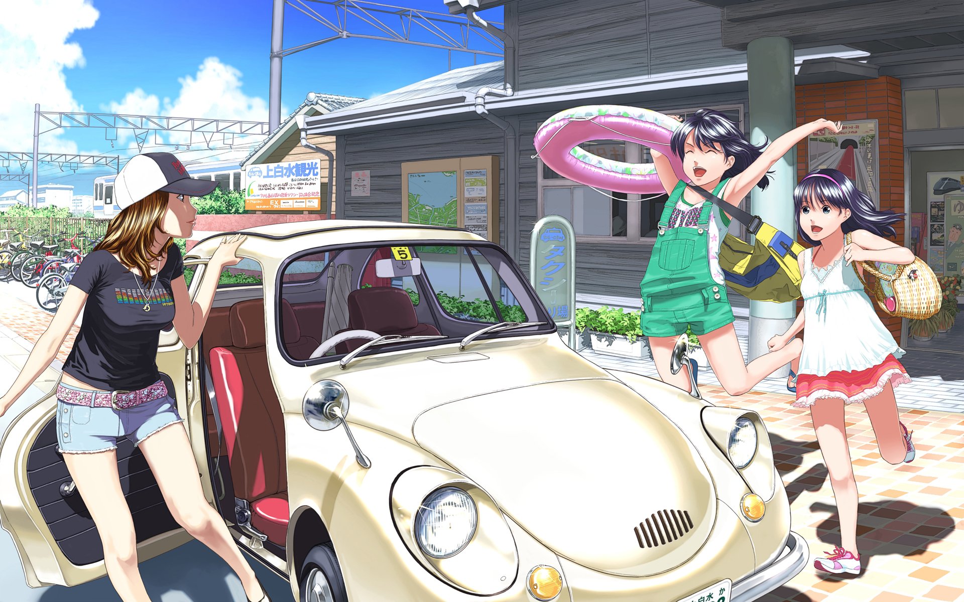 HD anime-style original desktop wallpaper depicting three girls joyfully interacting near a vintage cream-colored car at a sunny train station.