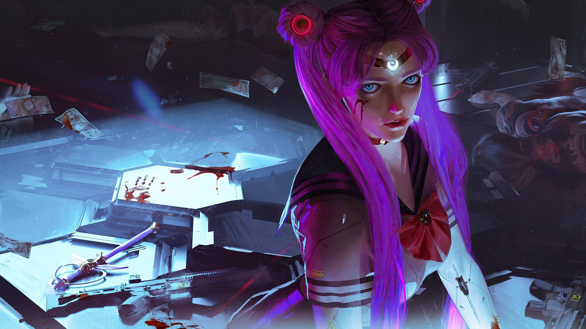 Anime-style cyberpunk character with long purple hair and blue eyes, inspired by Sailor Moon, featured in a detailed 4K Ultra HD desktop wallpaper.