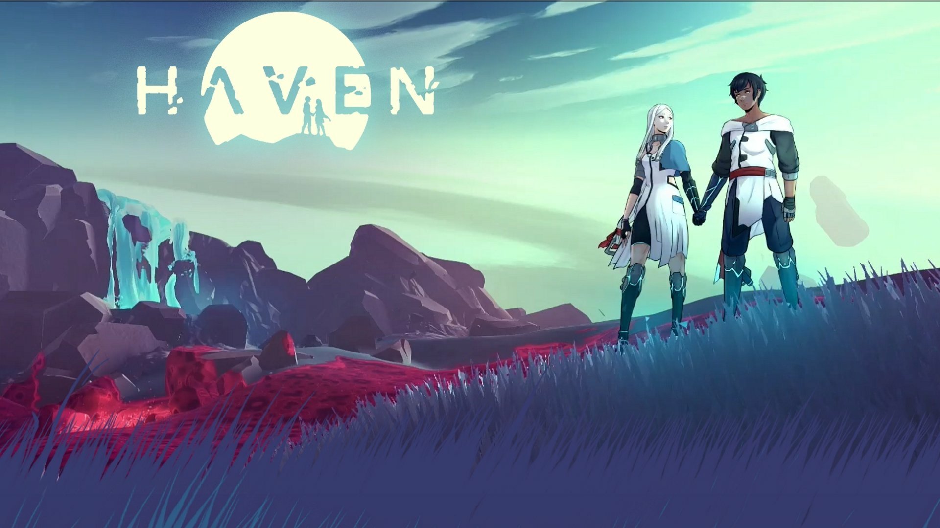 HD desktop wallpaper of Haven featuring two characters holding hands against a stylized landscape with the game's logo in the sky.