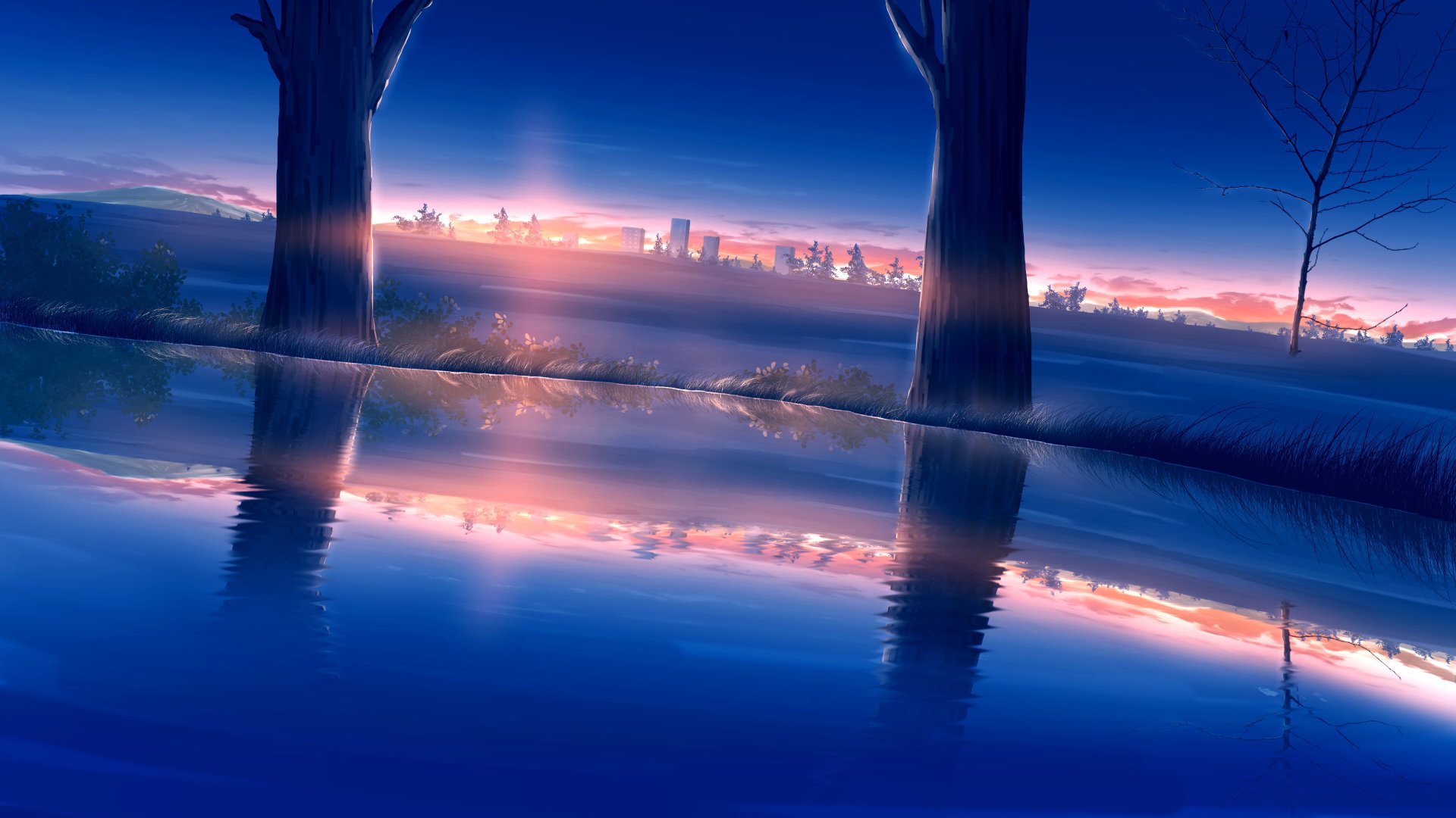 Anime-style winter sunset over a tranquil riverbank, with city lights glowing in the distance, rendered in vibrant 4K Ultra HD for a stunning desktop wallpaper.