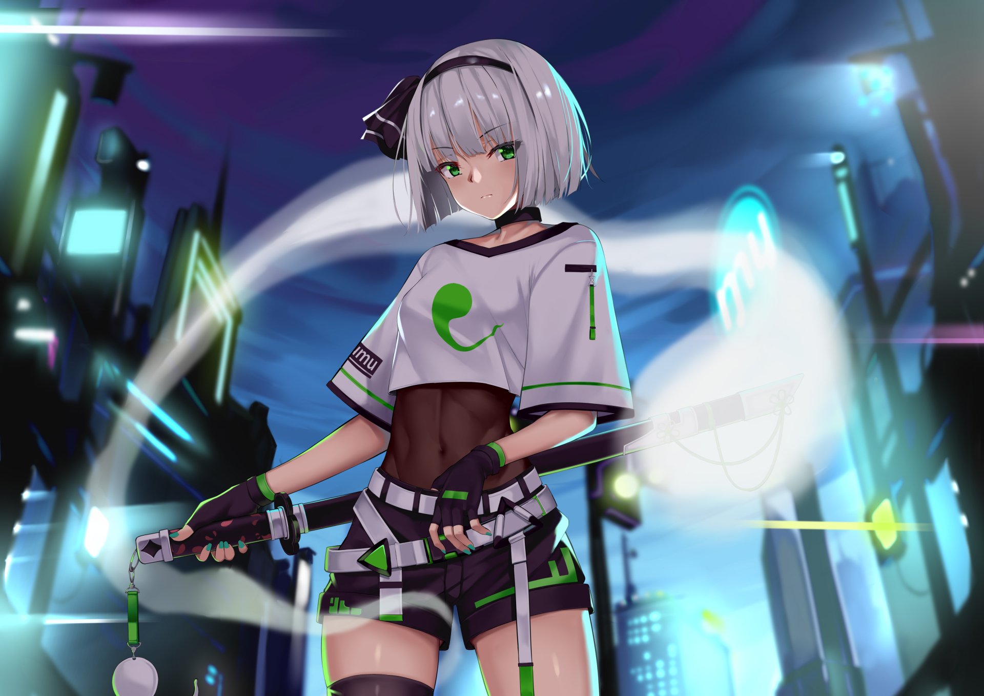 Anime character Youmu Konpaku with short white hair and green eyes wields a katana in a futuristic cityscape, rendered in 4K Ultra HD.