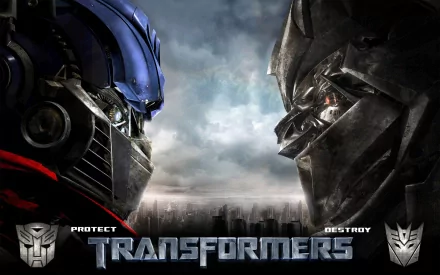 Dynamic HD desktop wallpaper featuring iconic Transformers characters, showcasing a fierce face-off between Optimus Prime and Megatron against a dramatic skyline backdrop.