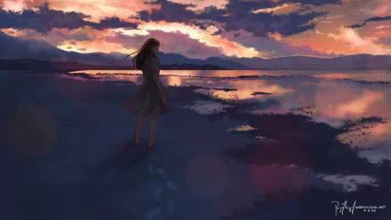 Anime girl standing by a tranquil lake at sunset with vibrant clouds reflecting on the water, captured in an HD PC desktop wallpaper and background style.