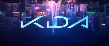 4K Ultra HD PC desktop wallpaper featuring the glowing K/DA logo set against a vibrant neon-lit cityscape inspired by K-pop and the League of Legends video game.