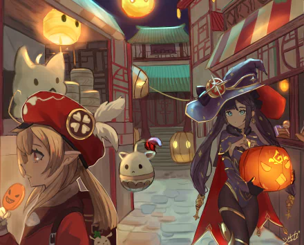 4K Ultra HD PC wallpaper featuring Klee and Mona from Genshin Impact in a festive, lantern-lit village setting.