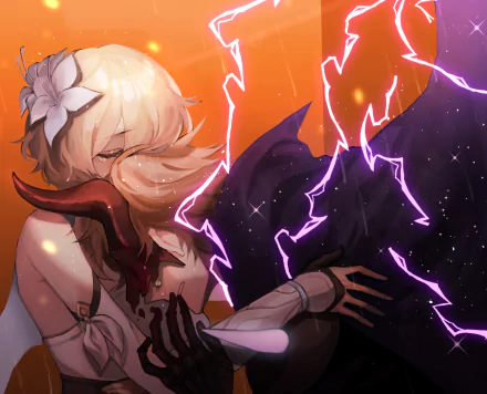 HD desktop wallpaper featuring Lumine and Tartaglia (Childe) from Genshin Impact in a dynamic battle scene with vivid, electrifying colors.