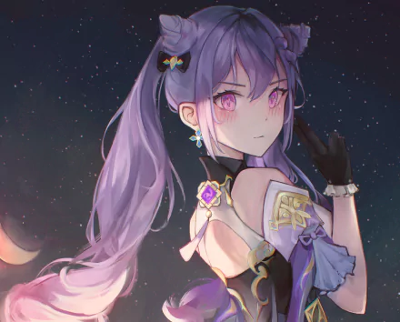 HD PC desktop wallpaper featuring Keqing from the video game Genshin Impact, showcasing her with flowing purple hair and a starry night background.