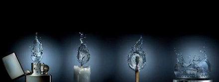 Artistic HD desktop wallpaper showcasing a surreal elemental theme, featuring water flames on a candle and matchstick against a dark background.