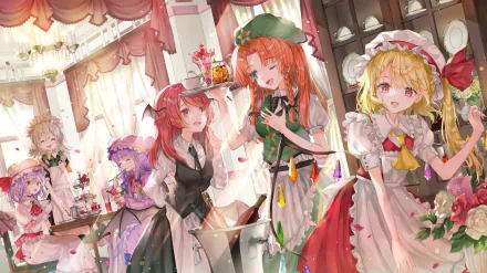 HD PC desktop wallpaper: Touhou anime scene with Remilia Scarlet, Flandre Scarlet, Patchouli Knowledge, Sakuya Izayoi, Koakuma and Hong Meiling in a sunlit tea room.