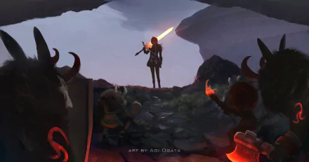 HD PC desktop wallpaper featuring Diluc from Genshin Impact, standing on a rocky cliff holding a glowing sword, with a dark, moody background.