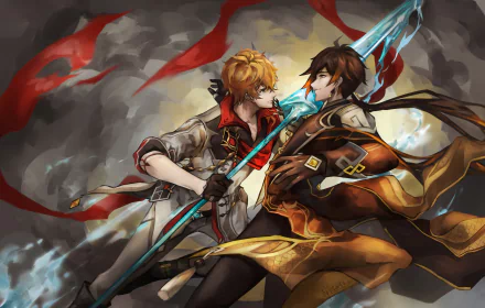 4K Ultra HD Genshin Impact wallpaper featuring characters Zhongli and Tartaglia Childe facing each other in dynamic poses with dramatic red and grey background.