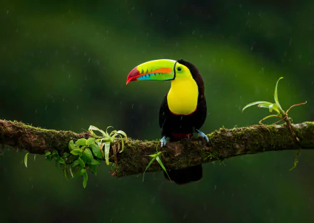 A vibrant toucan perched on a mossy branch in a lush, green rainforest, captured in stunning 4K Ultra HD detail.