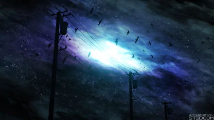 Anime-style night sky with glowing clouds, silhouetted power lines, and birds in flight, rendered in 4K Ultra HD for a vivid PC desktop background.