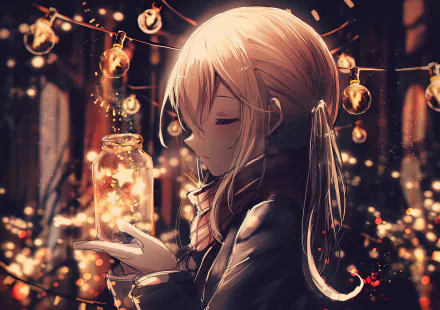 HD anime desktop wallpaper featuring a serene anime girl holding a glowing jar, surrounded by warm, sparkling lights in a cozy, atmospheric setting.