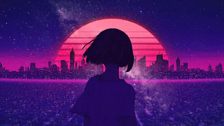 A retro wave and synthwave themed HD wallpaper featuring an anime girl standing against a vibrant cityscape with a large, glowing sun setting in the background.
