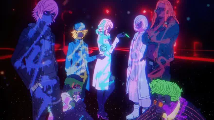 8K Ultra HD anime wallpaper featuring the Akudama Drive characters: Brawler, Hoodlum, Doctor, Hacker, Cutthroat, and Swindler in a vibrant, glowing setting.