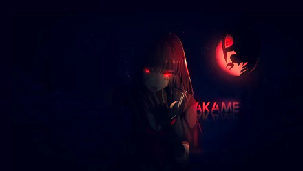 HD anime desktop wallpaper featuring Akame from Akame Ga Kill! with glowing red eyes and dark, shadowy background highlighting the character and series title.