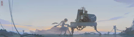 HD desktop wallpaper featuring Lumine from Genshin Impact elegantly playing a piano under a serene sky. The piano has an intricate, steampunk-inspired design.