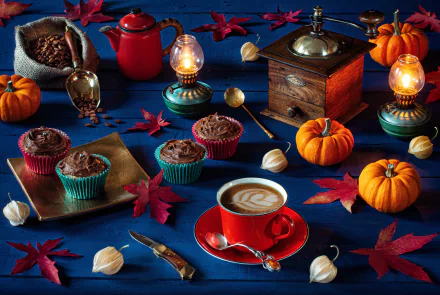 A 4K Ultra HD still life wallpaper featuring a kerosene lamp, coffee cup with latte art, cupcakes, pumpkins, a coffee grinder, and scattered maple leaves on a deep blue surface.