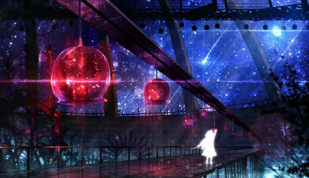 Anime night scene: lone white figure on a glass walkway beneath a vast starry sky and glowing red lanterns inside a glass-domed structure — HD PC desktop wallpaper background.
