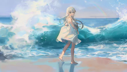 HD anime desktop wallpaper featuring a long-haired girl with white hair and blue eyes, wearing a white dress, standing by the sea with waves and a rainbow in the background.