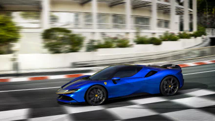 Blue Ferrari SF90 Spider supercar vehicle speeding past a pit lane, captured as a 4K Ultra HD PC desktop wallpaper background.