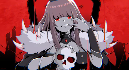 A striking HD wallpaper featuring Mori Calliope from Hololive, showcasing her vivid pink hair, red eyes, and a skull, set against a dramatic red background.