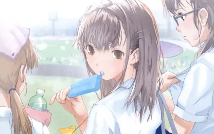 Anime original HD PC desktop wallpaper background: soft watercolor scene of three schoolgirls in light-blue uniforms outdoors, center girl eating a blue popsicle.