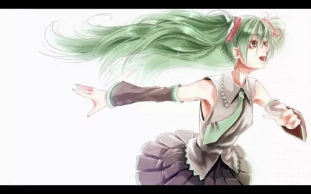 HD anime desktop wallpaper featuring Hatsune Miku, the iconic Vocaloid character, with flowing green twin-tails and dynamic pose against a light background.